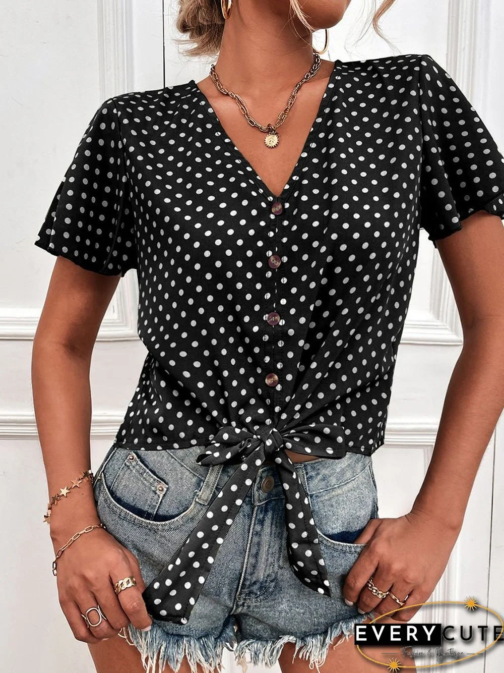 Women'S Blouses Polka Dot V-Neck Belted Button Short Sleeve Blouse