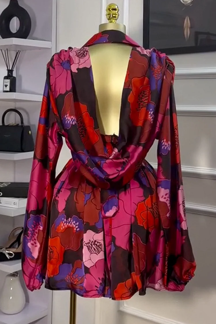 V Neck Low Back Long Sleeve Cinch Waist Pleated Floral Print Mini Dresses-Red