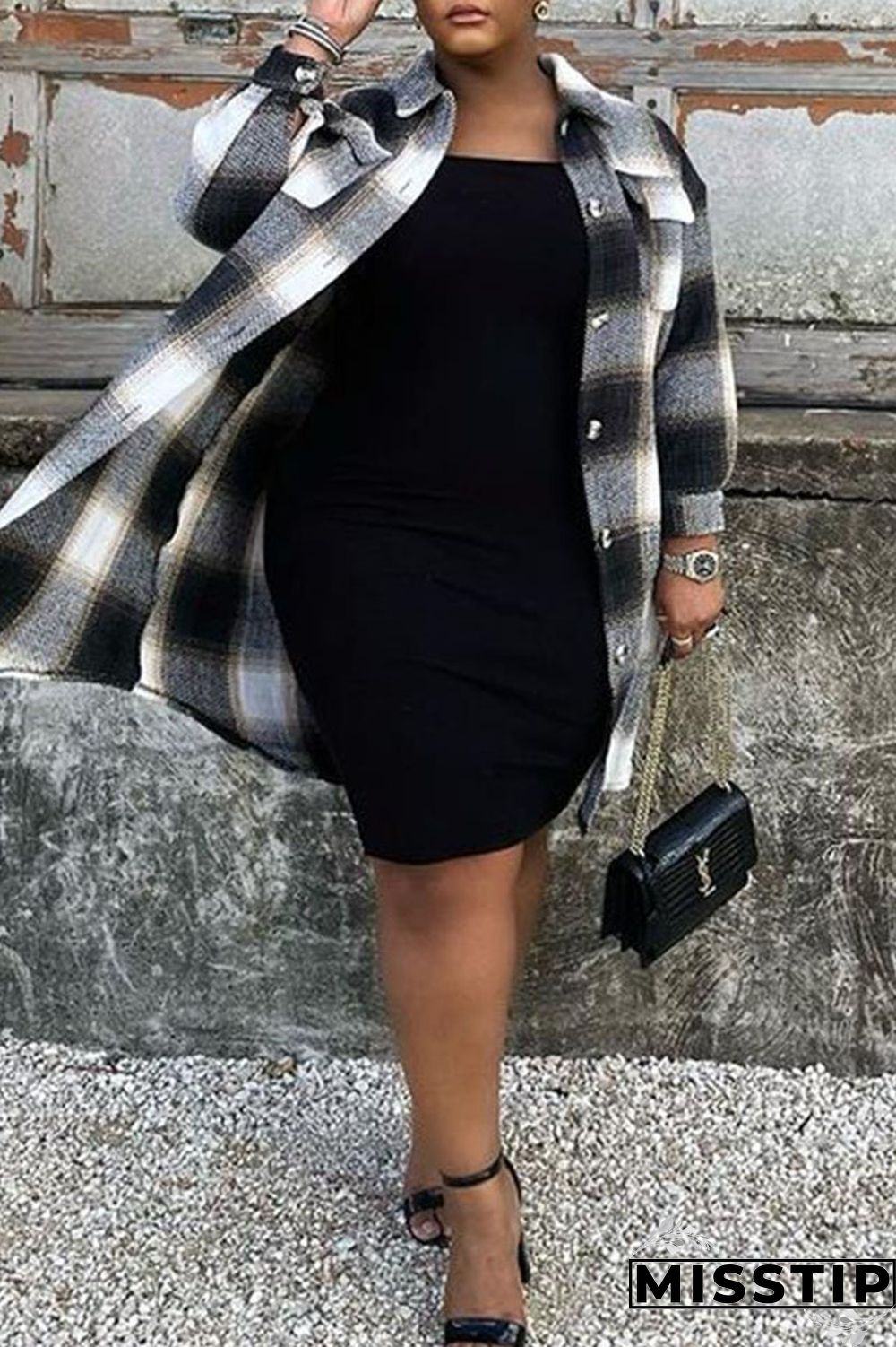 Black White Casual Plaid Print Patchwork Buckle Turndown Collar Plus Size Overcoat