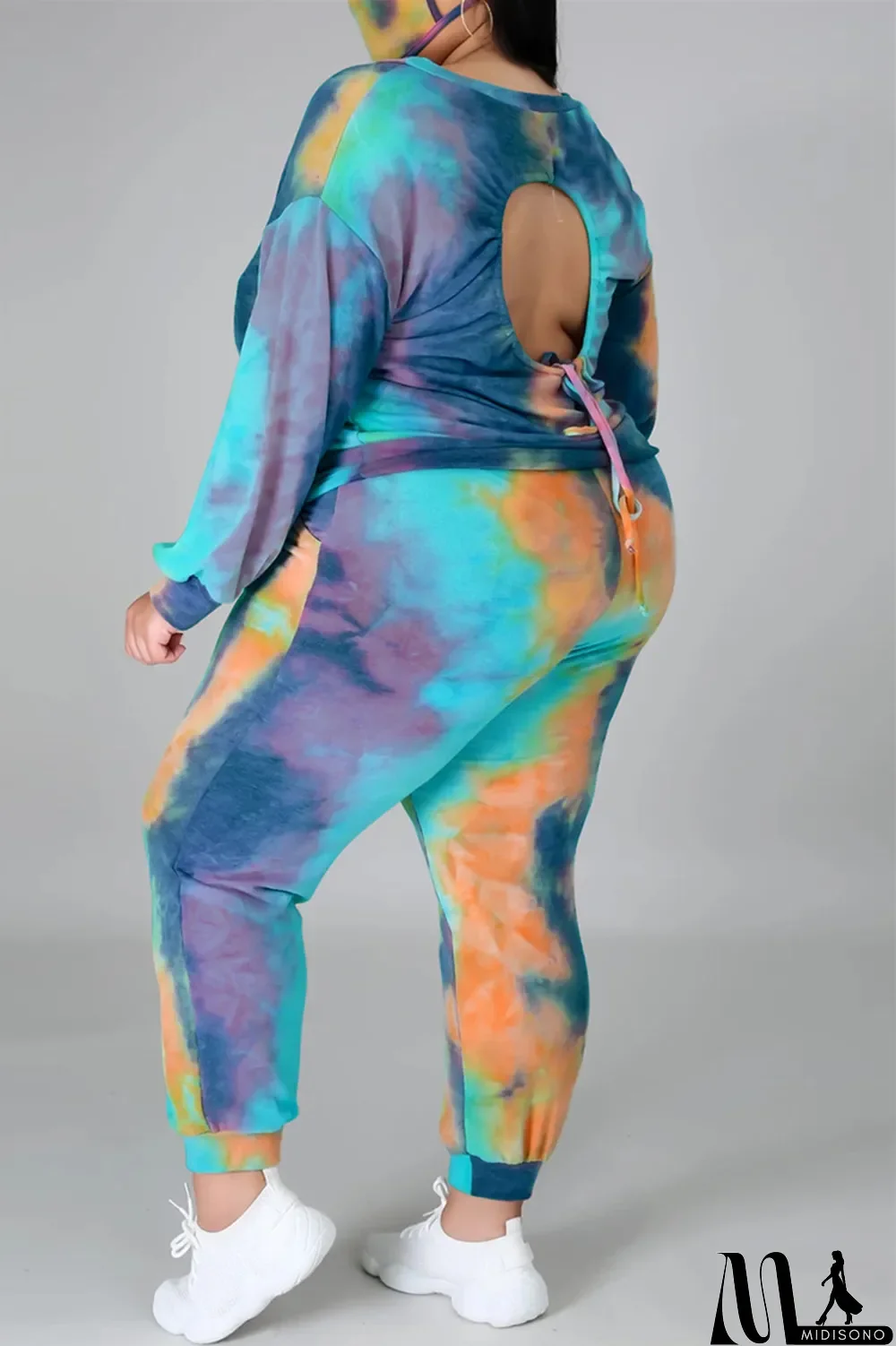 MidiSono - Multicolor Fashion Casual Print Tie Dye Backless O Neck Plus Size Two Pieces