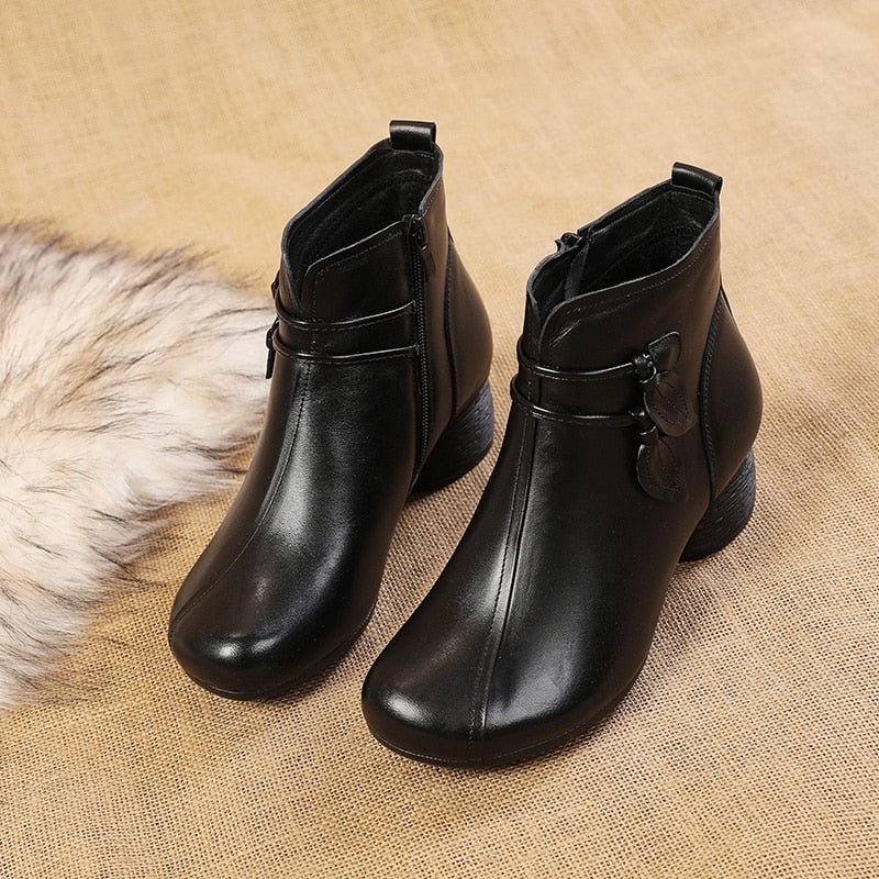 GKTINOO 2021 New Autumn Winter Thick Heel Ankle Boots Women Warm Boots Shoes Handmade Genuine Leather Flowers Zipper Retro Boots