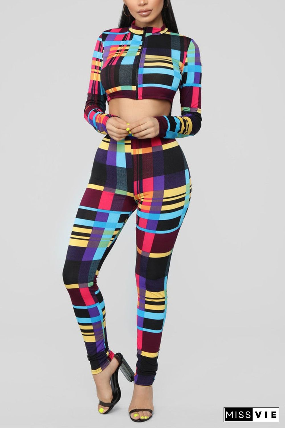 Fashion Sexy Print Basic Zipper Collar Long Sleeve Two Pieces