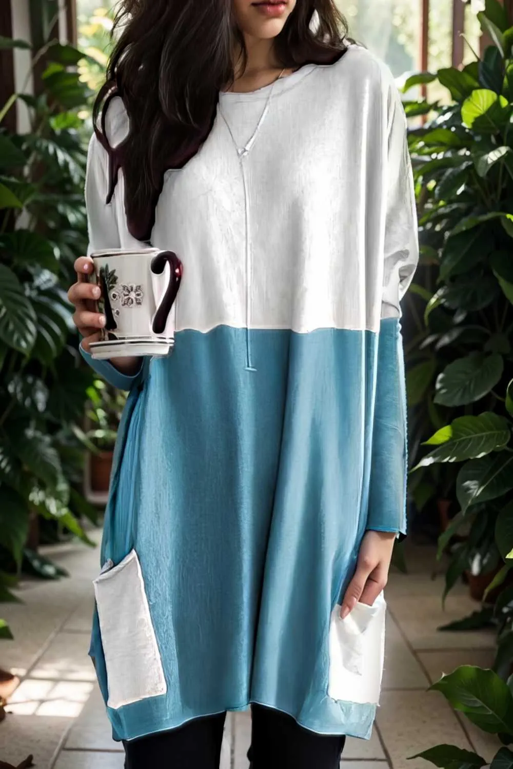two color stitching pocket loose long sleeve t shirt