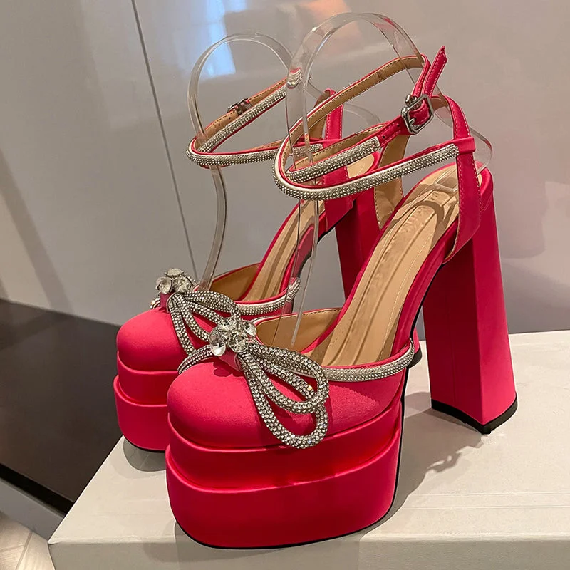  Ankle Strap Women Pumps Elegant Party Shoes Butterfly-Knot Crystal Hoof Heel Platform Square Toe High Heel Dress Shoes