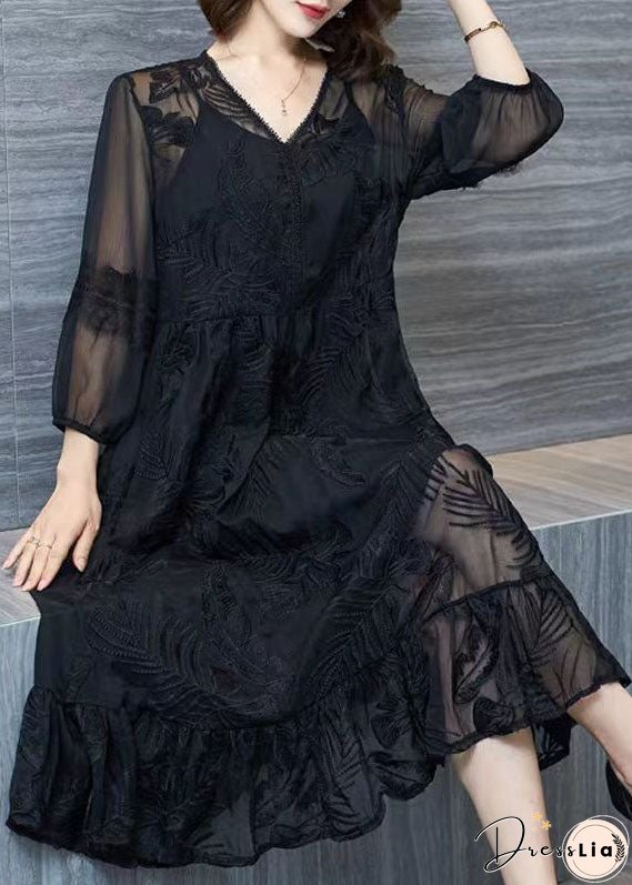 Organic Black V Neck Embroidered Patchwork Tulle Dresses Summer