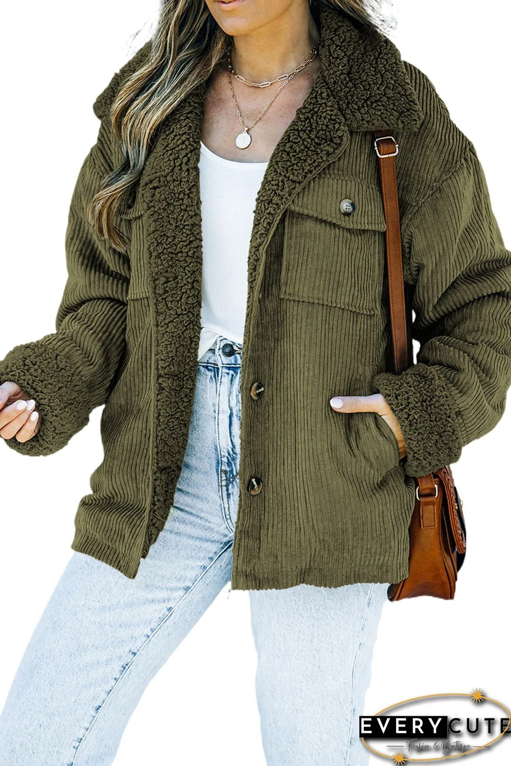 Green Corduroy Ribbed Shell Fleece Lining Jacket