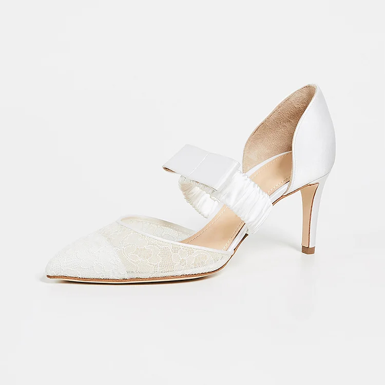 White Satin Lace Mary Jane Bow Stiletto Heel Wedding Shoes |FSJ Shoes