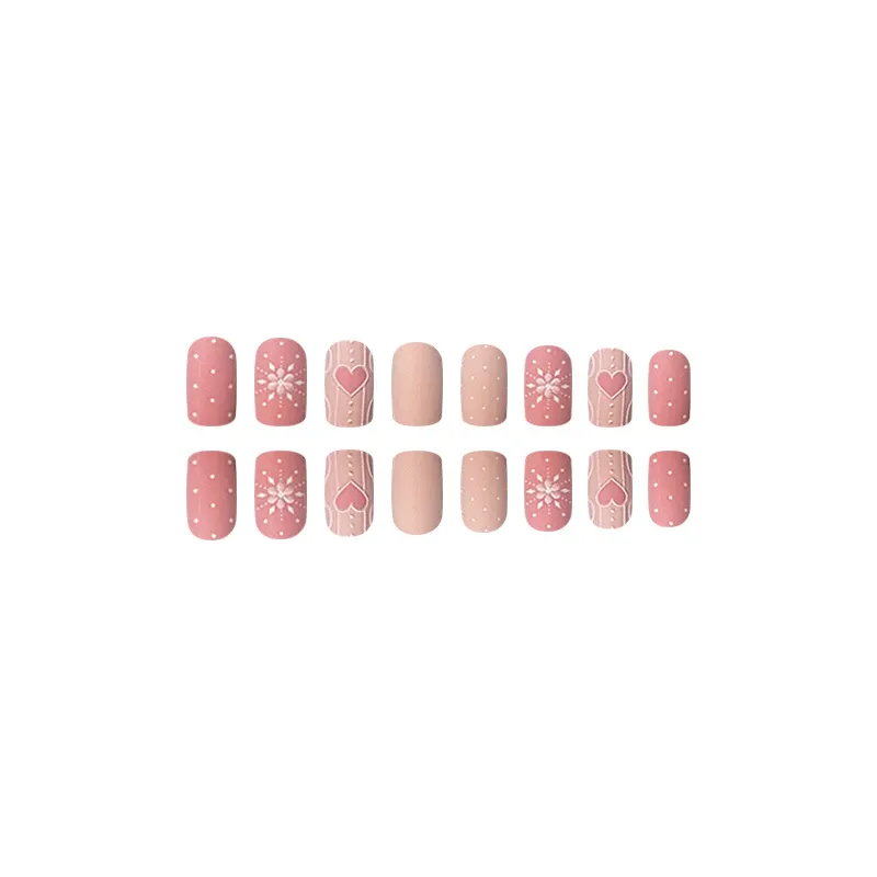Churchf Pink Sweet Sister French Frosted Texture Three-Dimensional Snowflake Love Christmas Fake Nails Finished Wear A 24 Pieces