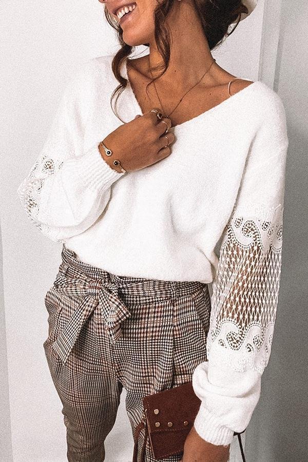Womens Sweet Solid Color Cutout V Neck Sweater-Allyzone-Allyzone