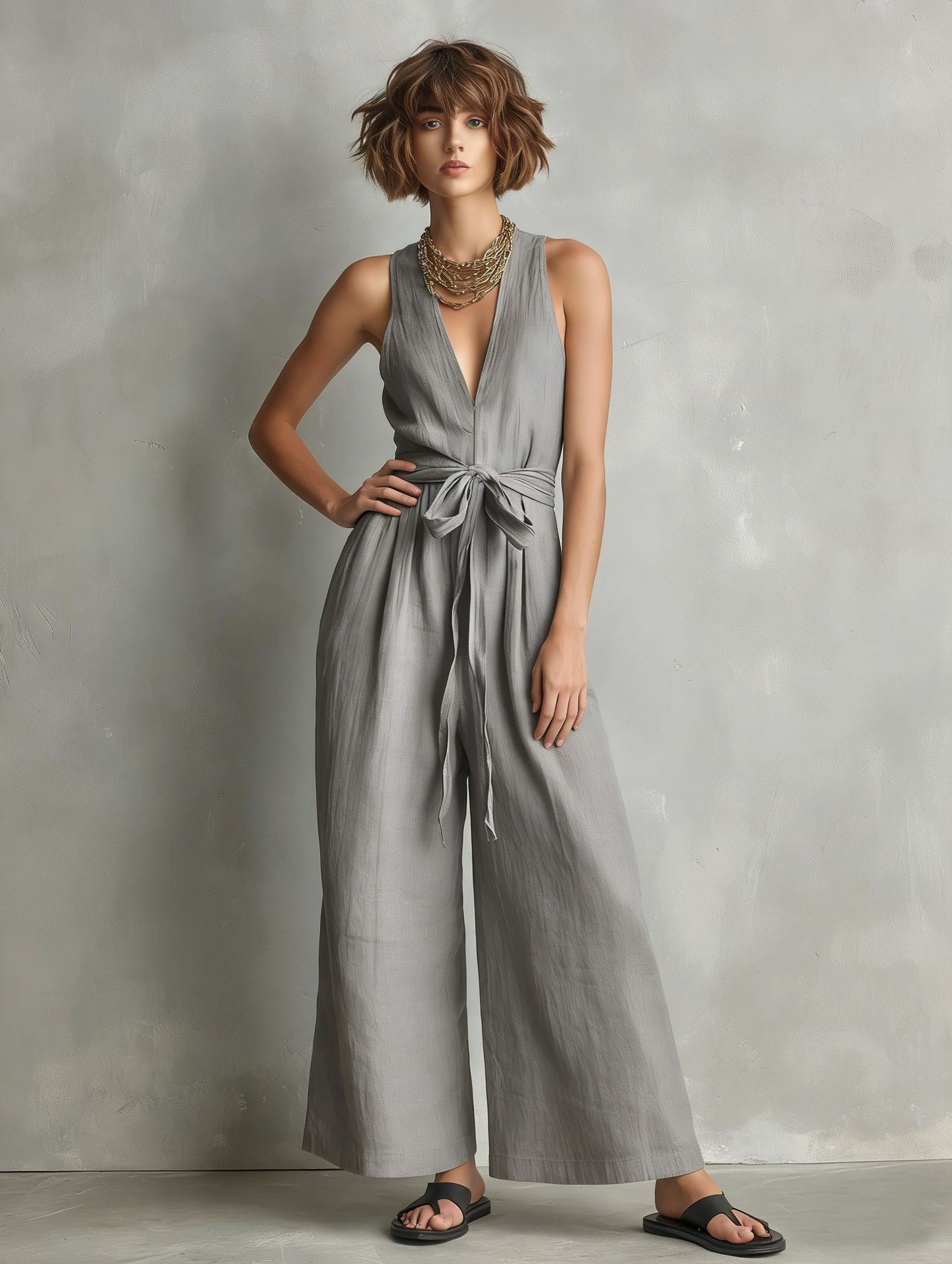 Dadihouse Elegant Waist-Knot Jumpsuit - Sleeveless Wide-Leg One-Piece Quiet Luxury Set