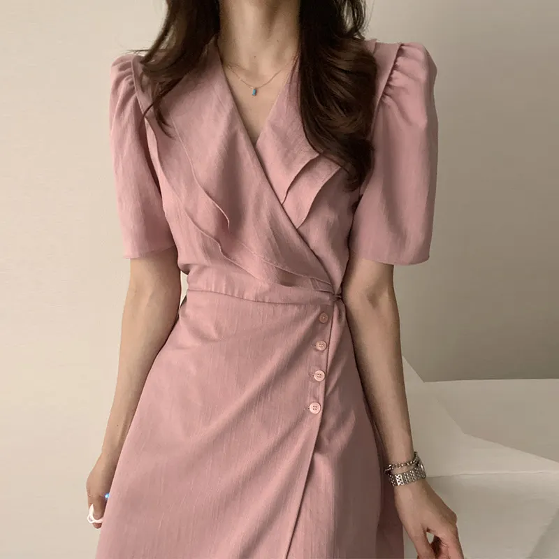 Churchf Churchf Chic French Retro Double Collar Inclined Buckle Waist Show Thin Long A Piece Of Bubble Sleeve Dress Woman
