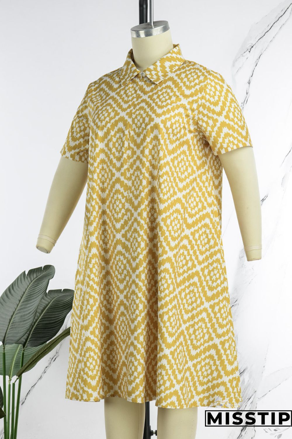 Colour Casual Print Patchwork Turndown Collar Straight Plus Size Dresses