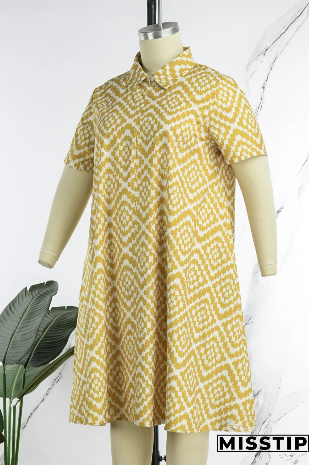 Colour Casual Print Patchwork Turndown Collar Straight Plus Size Dresses