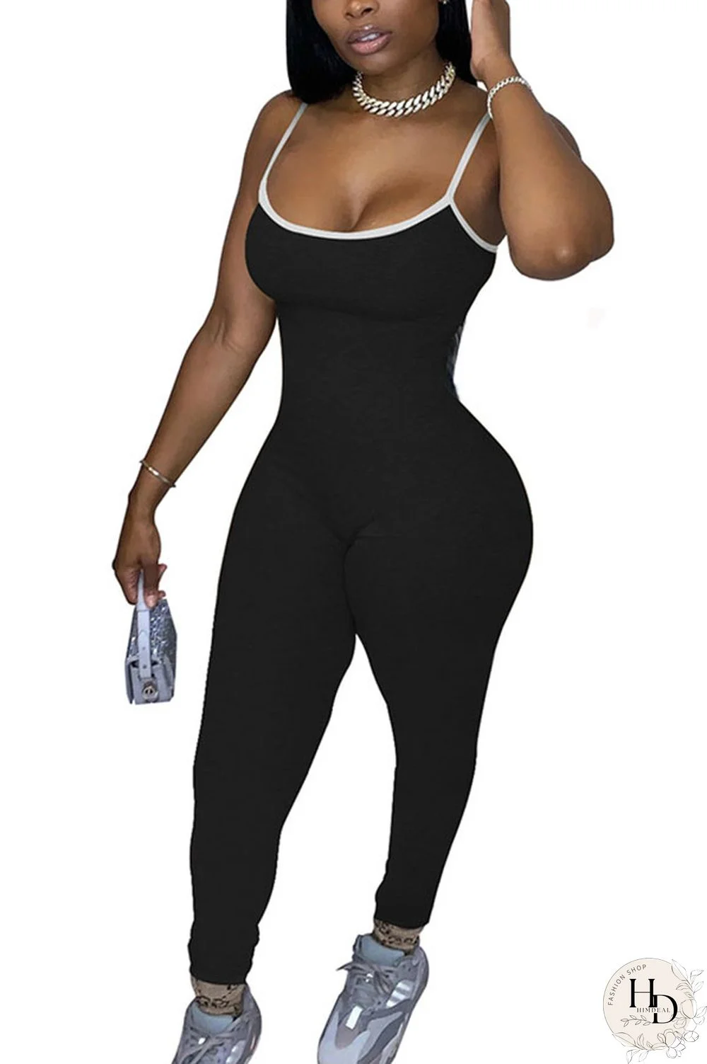 Black Fashion Sexy Solid Polyester Sleeveless Slip Jumpsuits