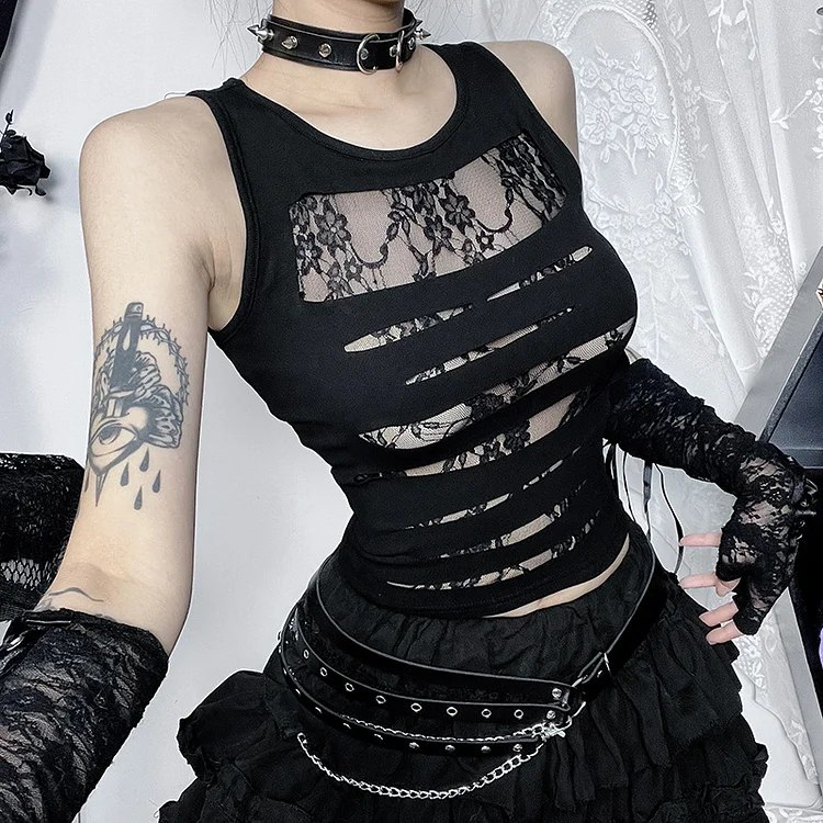Dark Goth Bandaged Lace Cut-out Embossed Sleeveless Crop Top