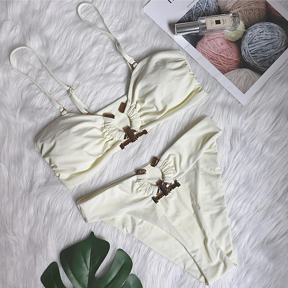 Pongl Pongl New Sexy Swimsuit Metal Accessories Hollow Bikini Solid Color Strapless High Waist Women's Swimsuit