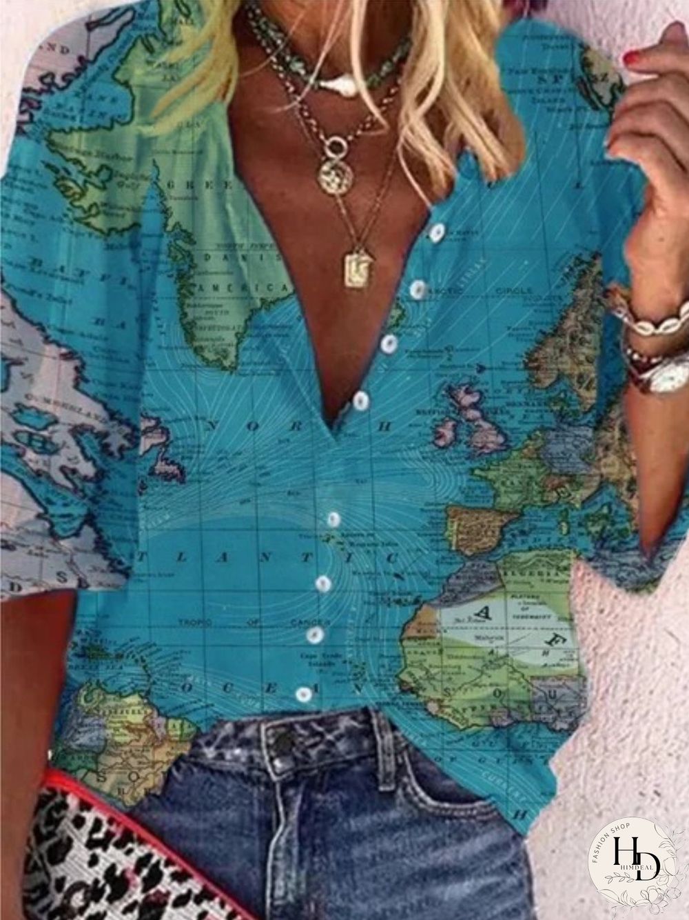 Women Casual Map Print Half Sleeve V Neck Blouses
