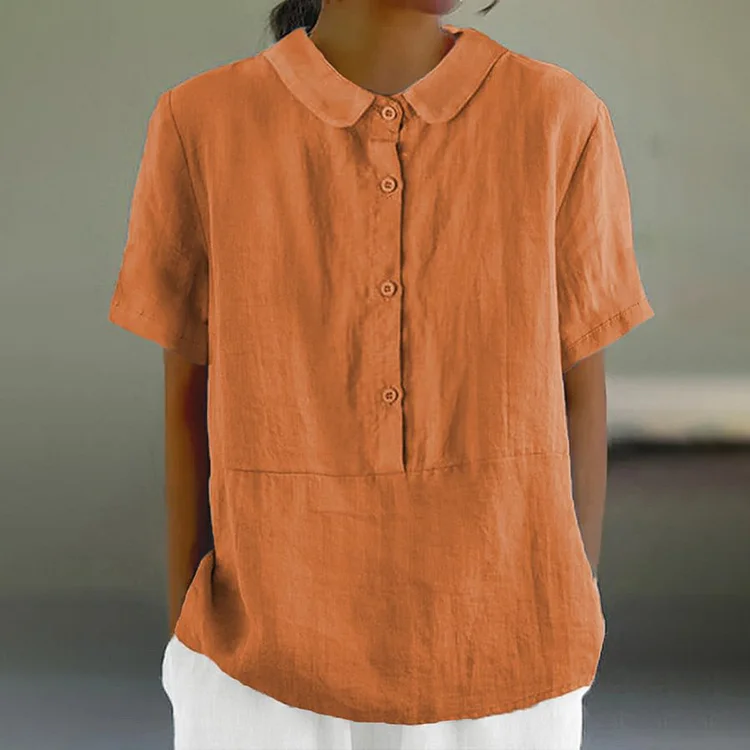 VChics Solid Color Cotton And Linen Lapel Short Sleeved Casual Blouse