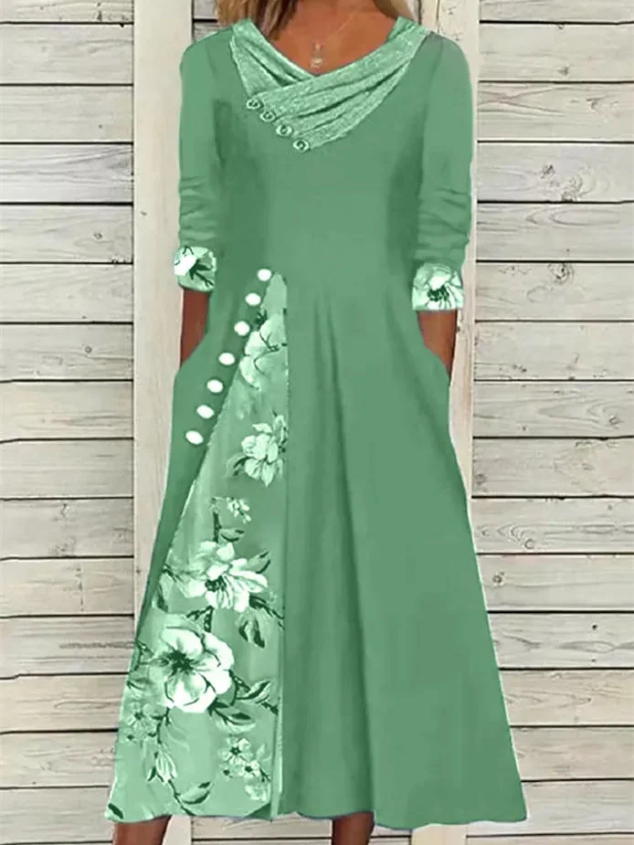 Women plus size clothing Floral Tunic V-Neckline Midi A-line Dress-Nordswear