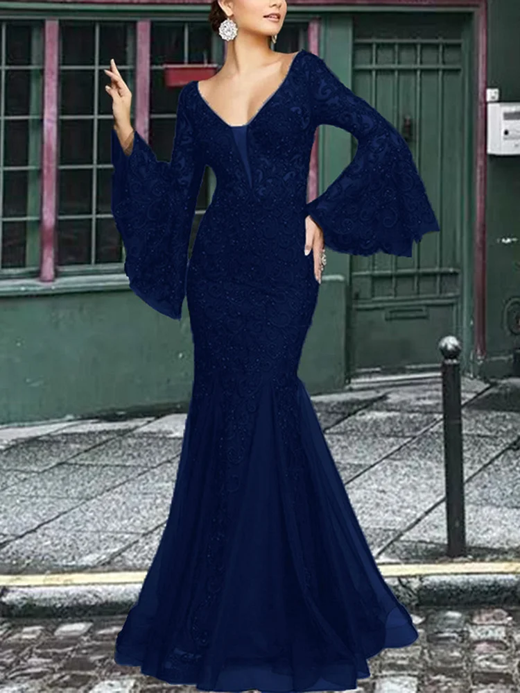 Elegant V Neck Flare Sleeve Lace Embroidered Fishtail Maxi Dress