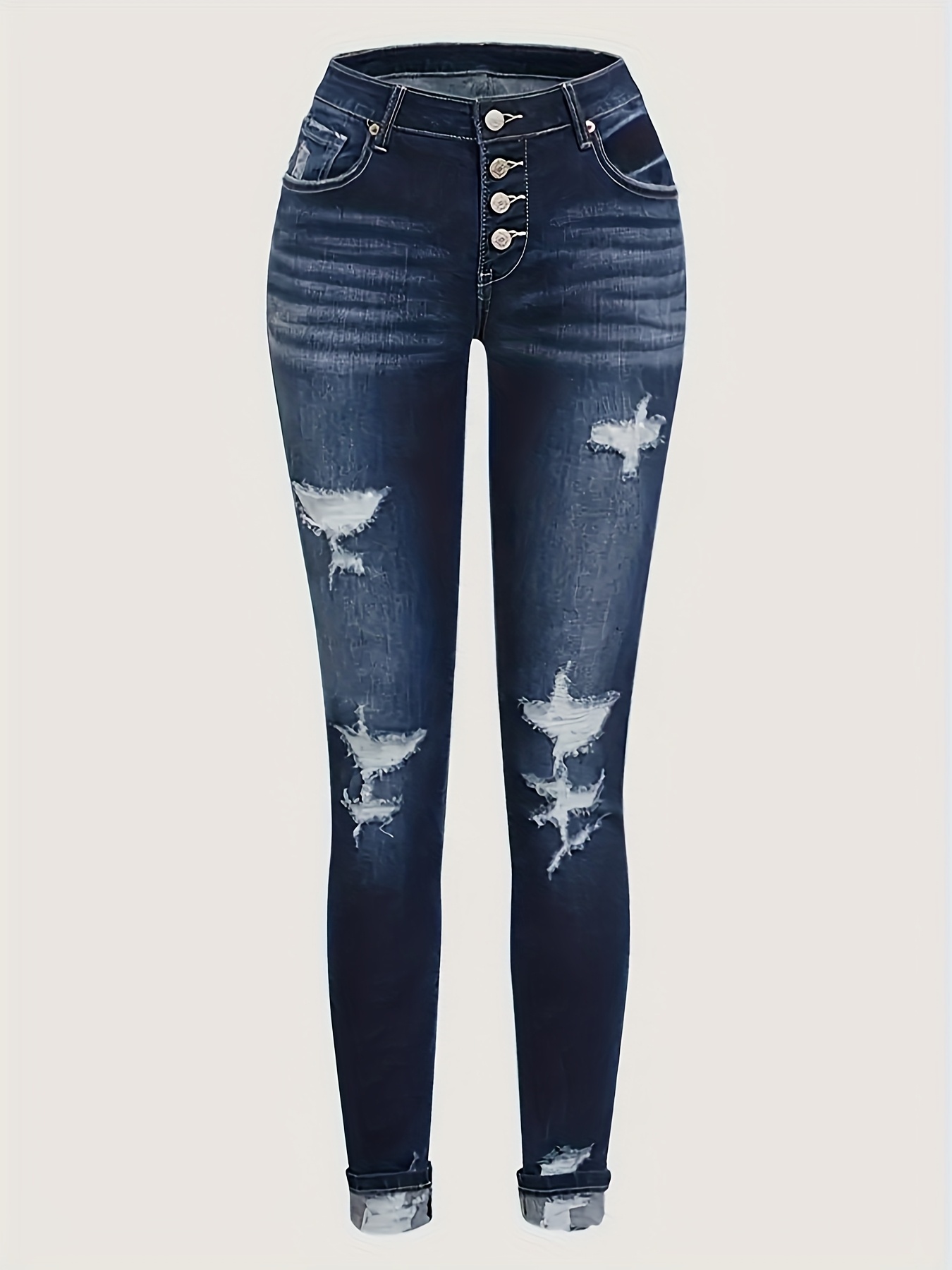 Hme Women's Stretch Skinny Jeans - Mid-Waist & Hip-Lifting Retro High Street Style, Front Button Closure, Aged Washed Blue, 9-Inch Length, Machine Washable Casual Pants For All Season | IFYHOME