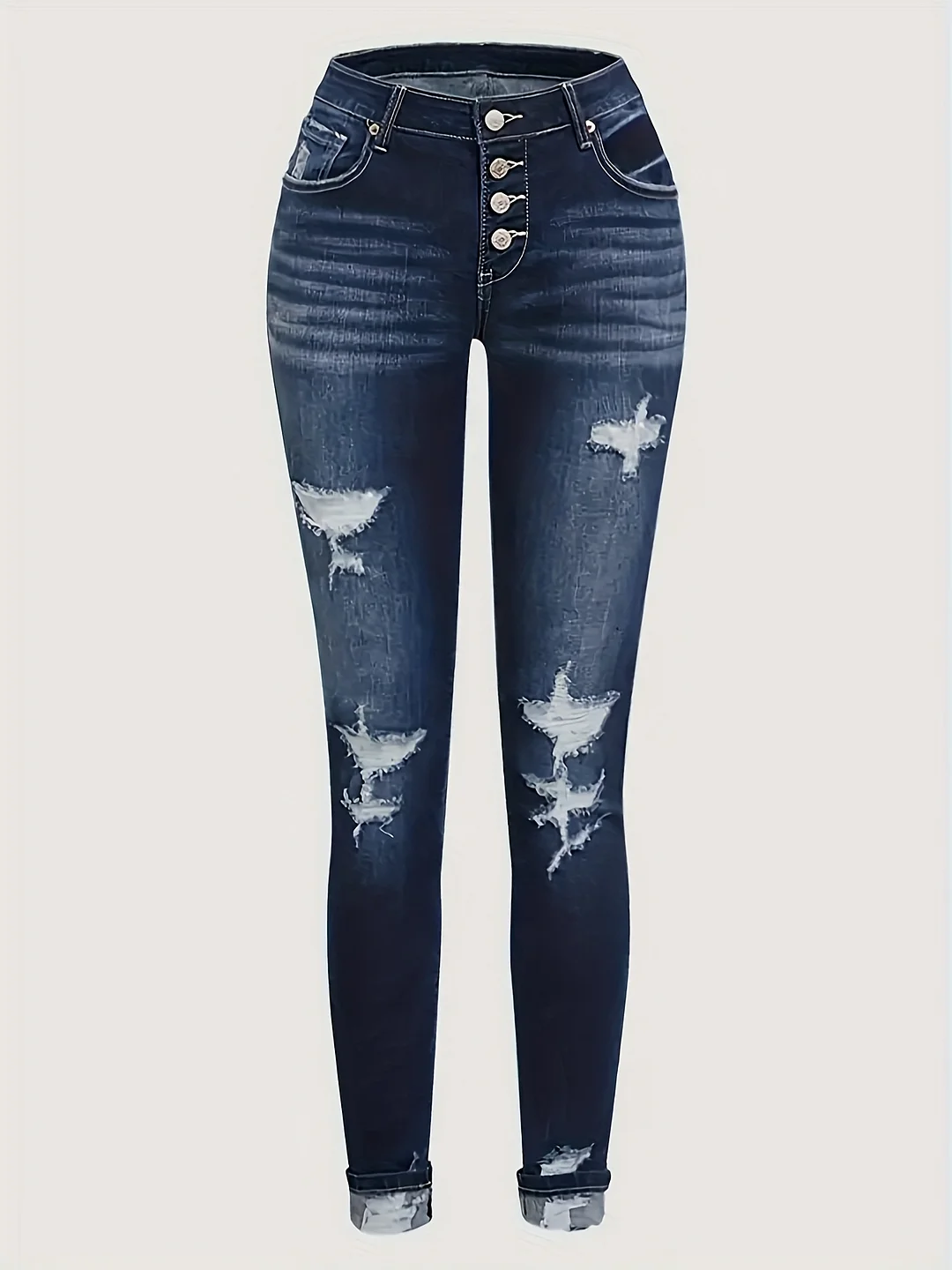 Hme Women's Stretch Skinny Jeans - Mid-Waist & Hip-Lifting Retro High Street Style, Front Button Closure, Aged Washed Blue, 9-Inch Length, Machine Washable Casual Pants For All Season | IFYHOME