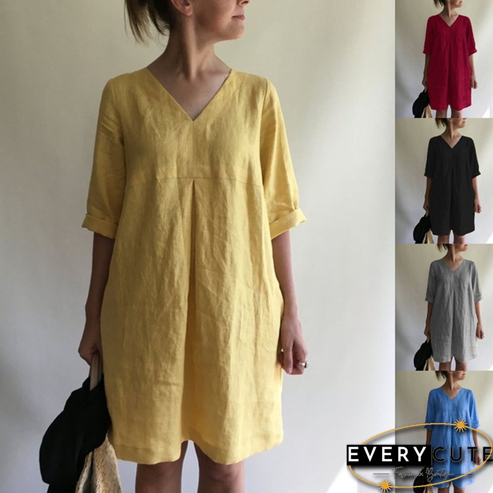 Women's Fashion Loose Tunic Dress Casual V-neck Solid Color Dress Boho Dress