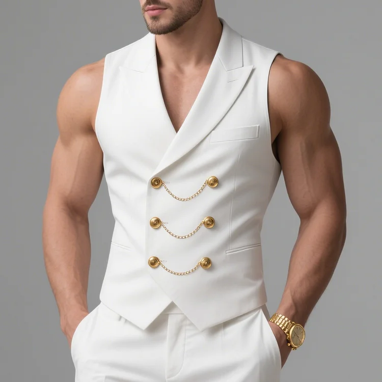 Okaywear Solid Peaked Lapel Gold Chain Double Breasted Vest Okaywear
