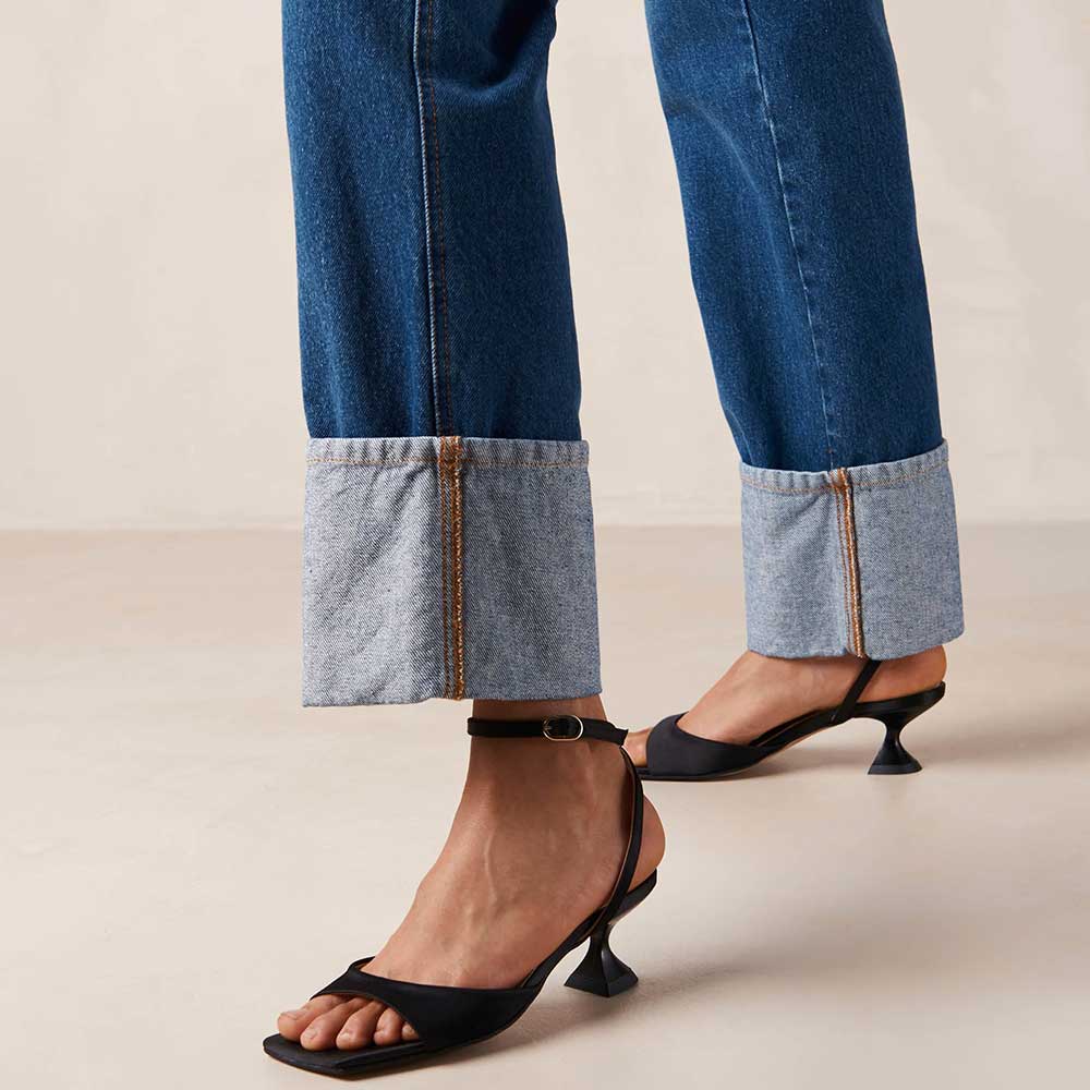 Black Satin Square Toe Flared Heel Ankle Strap Sandals Nicepairs