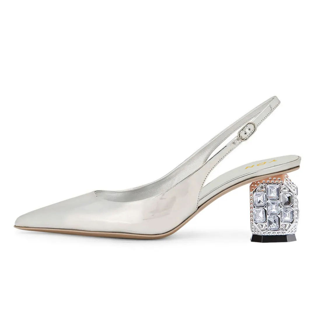 Metallic Finish Pointed Toe Rhinestone Pumps Heels in Silver