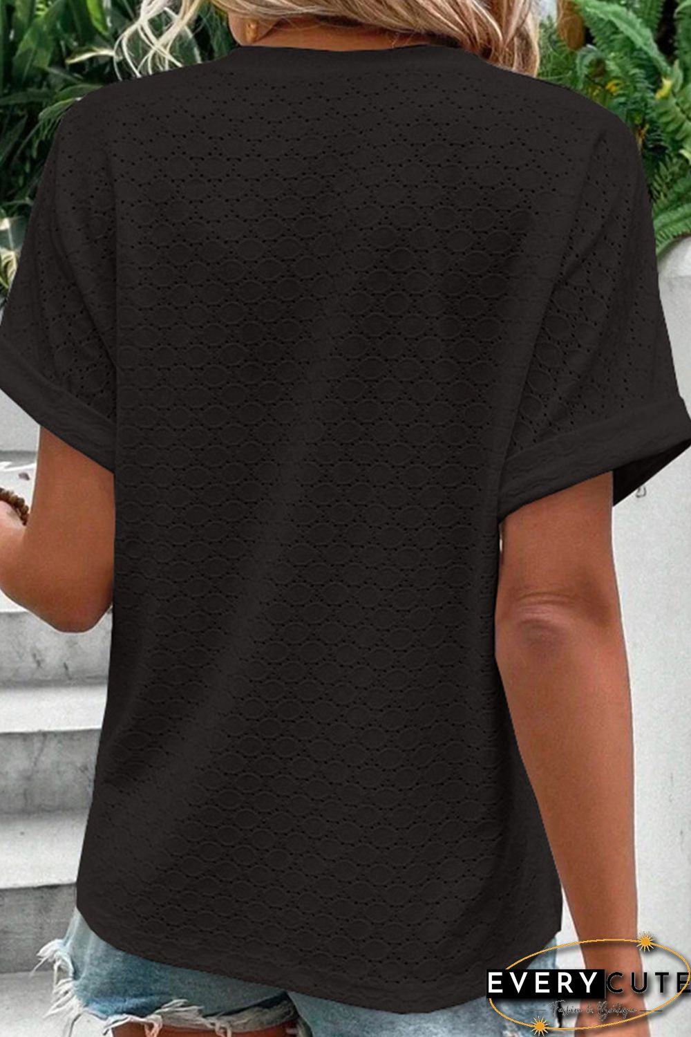 Black Eyelet Button-Accent Notch Neck Top