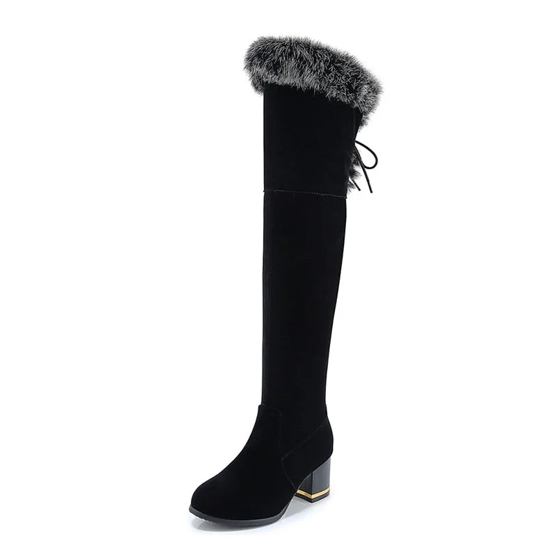 Gdgydh Natural Fur Winter Boots Women Knee High Long Boots Square Heel Winter Shoes Woman Waterproof Rubber Sole Plus Size 46