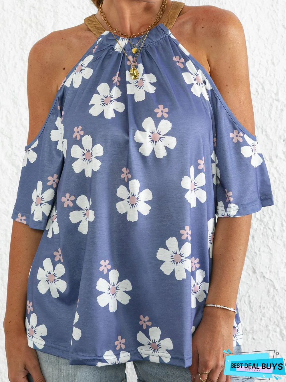 Short Sleeve Off Shoulder Cold Shoulder Holiday Floral-print T-shirt