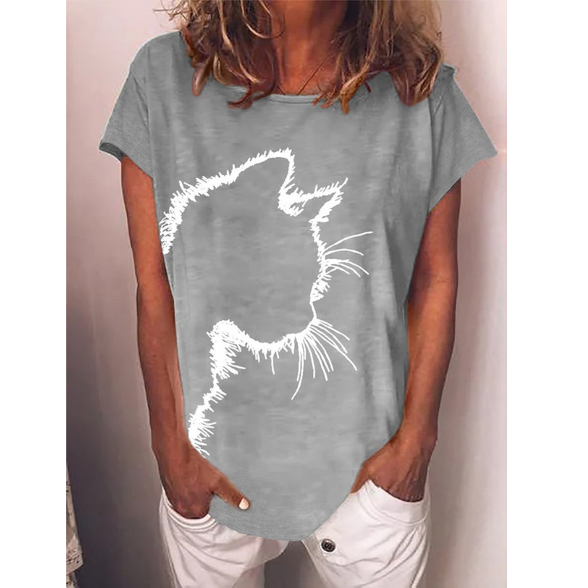Round neck cat print loose long sleeve T-shirt wearshes