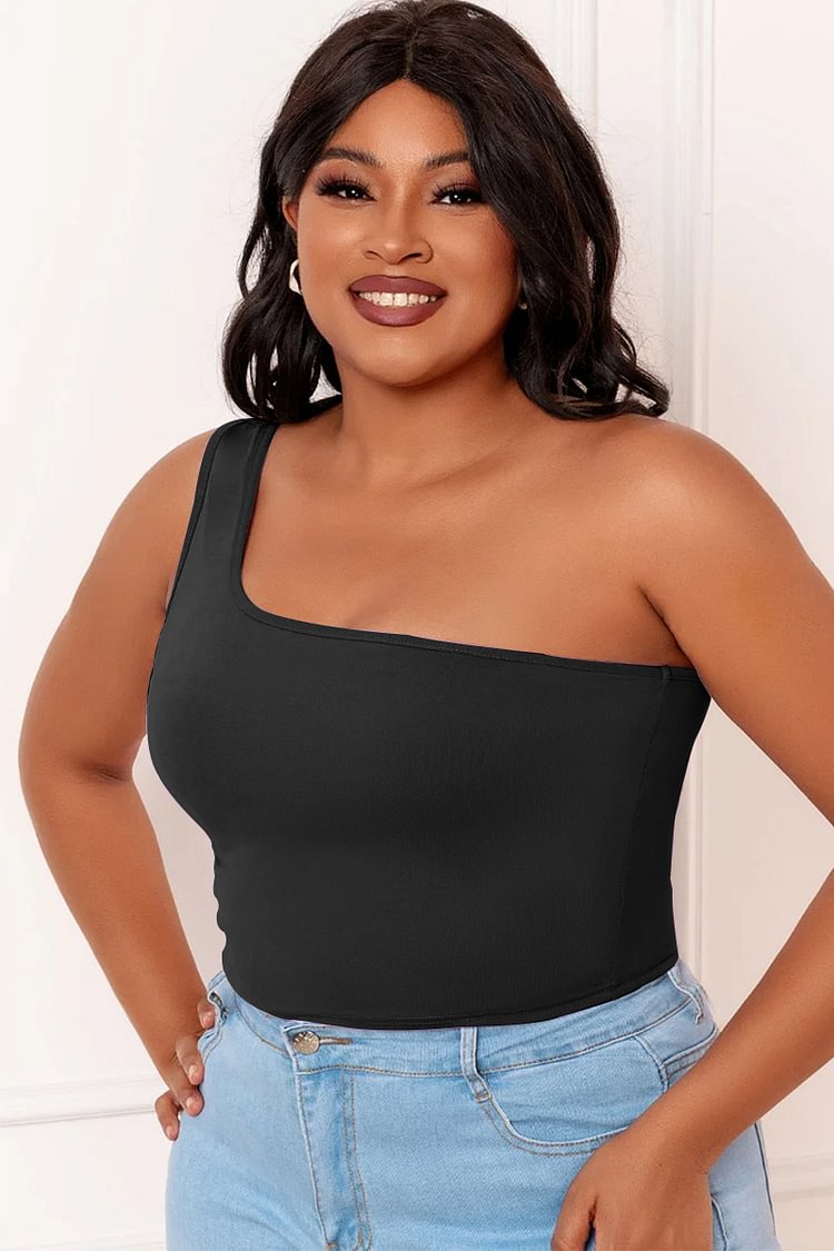 Xpluswear Design Plus Size Black Casual One Shoulder Sleeveless Tank Top 