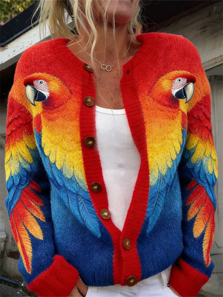 Vintage Macaw Parrot Inspired Cozy Knit Cardigan wearshes