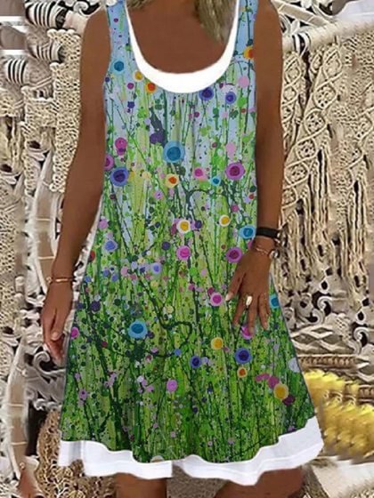 Casual Floral Crew Neck Sleeveless Knitting Dress D96- Fabulory