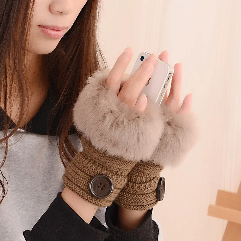 Arm Warmers Women Solid Knitting Single Button Faux Rabbit Fur Plush Kawaii Womens Mitts Half-fingered All-match Warm Trendy New