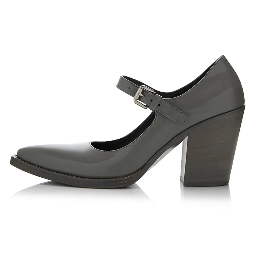 Vegan Leather Snip Toe Buckle Fastening Strap Mary Janes in Dark Gray