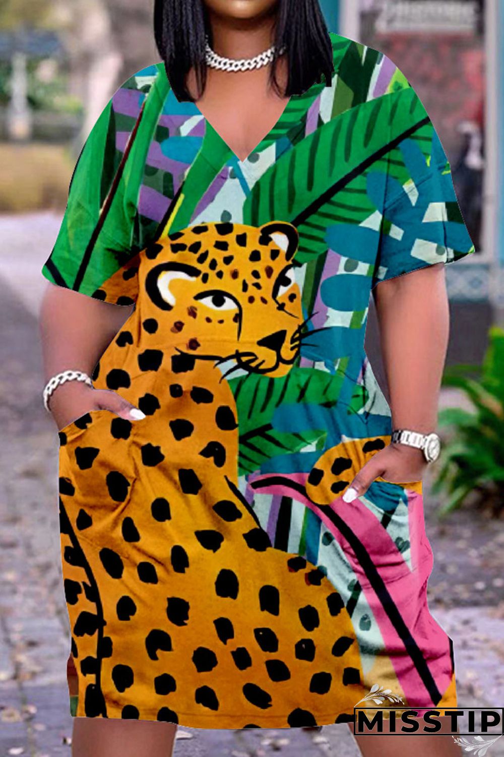 Khaki Fashion Casual Print Basic V Neck Short Sleeve Dress