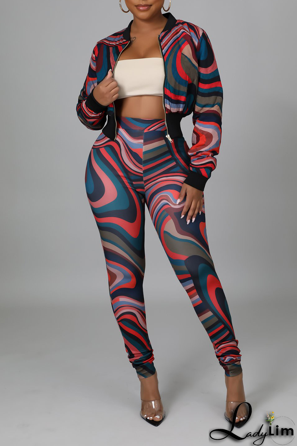 Colour Sexy Print Split Joint Zipper Collar Long Sleeve Two Pieces