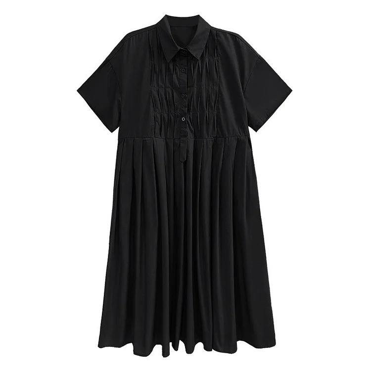 Stylish Loose Solid Color Turn-down Collar Splicing Folds Short Sleeve Pleated Dress  