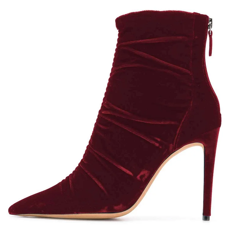 Maroon Velvet Stiletto Booties Pointed Toe Pleated Party Ankle Boots |FSJ Shoes