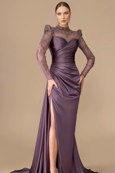 Miabel Stunning Purple Satin High Neck Long Sleeves Long Split Prom Dress with Applique 