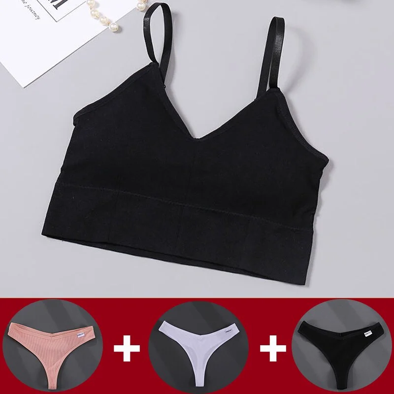 Tank Crop Top Bra + 3PCS Panties Set Fashion Solid Color Bra Set for Women Intimates Underwear Female Lingerie Casual Bralette
