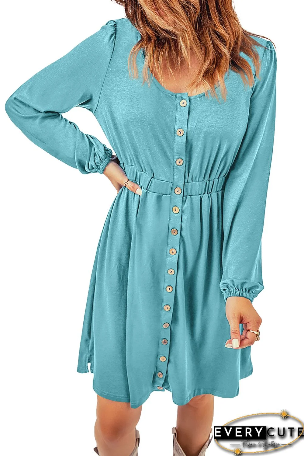 Sky Blue Button Up High Waist Long Sleeve Dress