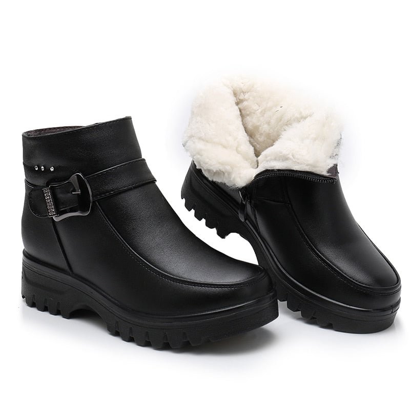 Women Genuine Leather Ankle Boots Thick Plush Waterproof Non-slip