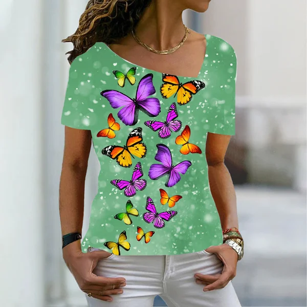 Women's 3D Print Butterfly Graphic Patchwork Print Short Sleeve T-Shirt V-Neck Basic Top Plus Size XS-8XL
