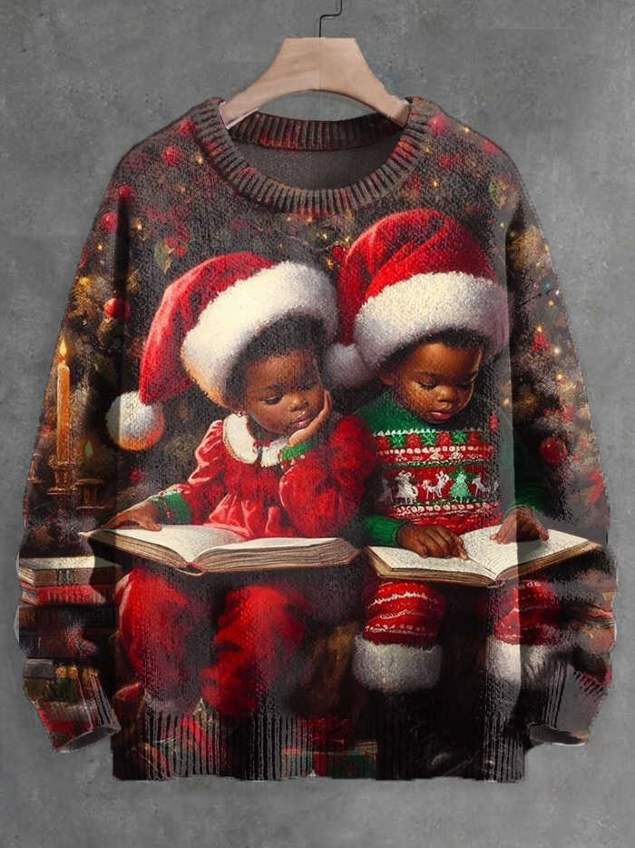 Men's Black Christmas Baby Reading Books Art Print Knit Sweatshirt