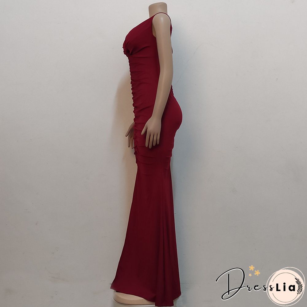 Low Cut Slash Neck Ruched Split Maxi Cocktail Dresses